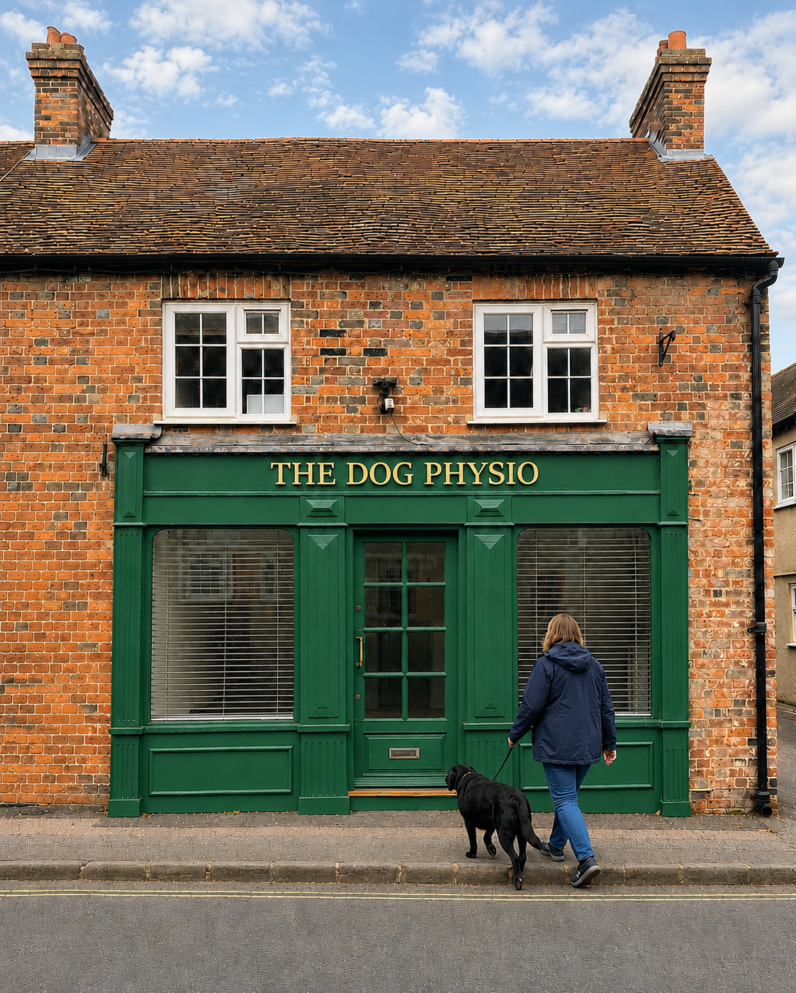The Dog Physio clinic on Hungerford High Street with an owner and dog approaching the entrance